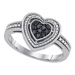 Sterling Silver Round Black Color Enhanced Diamond Milgrain Heart Cluster Ring 1/4 Cttw