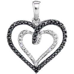 Sterling Silver Round Black Color Enhanced Diamond Double Nested Heart Pendant 1/20 Cttw