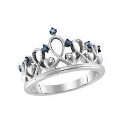 Sterling Silver Round Blue Color Enhanced Diamond Crown Tiara Ring 1/12 Cttw