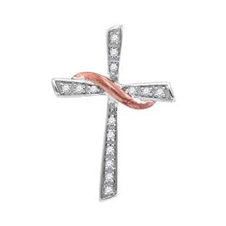 10kt White Gold Round Diamond Rose Cross Pendant 1/20 Cttw