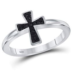 Sterling Silver Round Black Color Enhanced Diamond Flared Cross Ring 1/10 Cttw