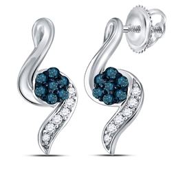 Sterling Silver Round Blue Color Enhanced Diamond Cluster Stud Earrings 1/5 Cttw