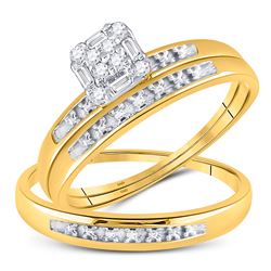 10kt Yellow Gold His & Hers Round Diamond Cluster Matching Bridal Wedding Ring Band Set 1/10 Cttw