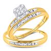 Image 1 : 10kt Yellow Gold His & Hers Round Diamond Cluster Matching Bridal Wedding Ring Band Set 1/10 Cttw