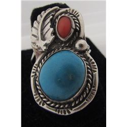 TURQUOISE CORAL RING STERLING SILVER SQUASH BLOSSO