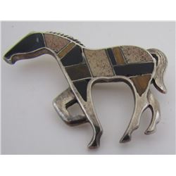 INLAY GEMSTONE HORSE PIN STERLING SILVER BROOCH