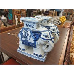 2 Small Blue and White Ceramic Elephant Stands