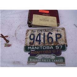 LOT of Licence plates and miscManitoba 1957&67 license tags, Ontario license plate, Niagra fall tag,