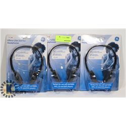 LOT OF 3 GE ULTRA LIGHT STEREO HEADPHONES