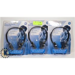 LOT OF 3 GE ULTRA LIGHT STEREO HEADPHONES