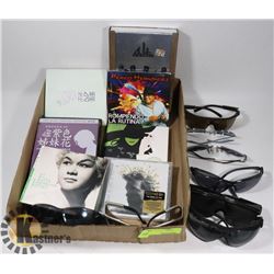 FLAT OF SUNGLASSES AND ASSORTED CDS/ DVDS