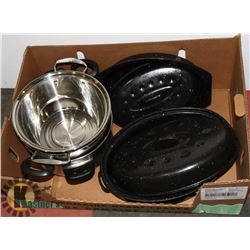 BOX OF ROASTERS, POTS & PANS