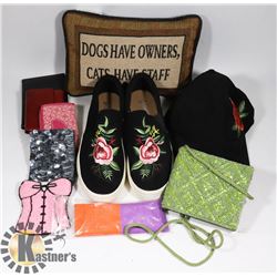 LOT OF SMALL PURSES, SHOES, HAT, READING GLASSES