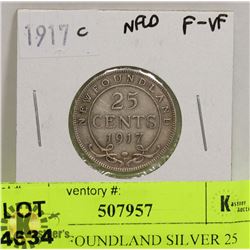 1917 NEWFOUNDLAND SILVER 25 CENT COIN