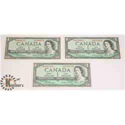 THREE 1954 CANADIAN $1 BANK NOTES