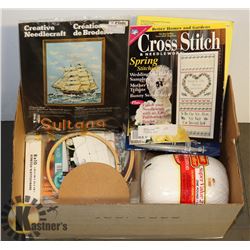 BOX WITH ASSORTED ARTS AND CRAFTS ITEMS