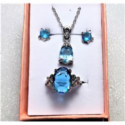 8)  SUITE OF AQUA BLUE ZIRCON & SILVER TONE