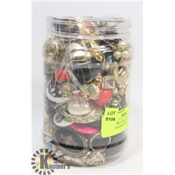 JAR OF JEWELRY, BEADS, EARRINGS AND MORE