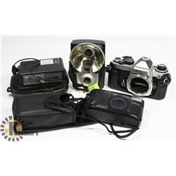 THREE VINTAGE CAMERAS AND EXTERNAL FLASH