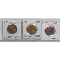 3 LARGE CANADA KGV ONE CENT COINS 1917, 1918,1919