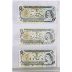 LOT OF 3 1973 CANADIAN $1 BILLS