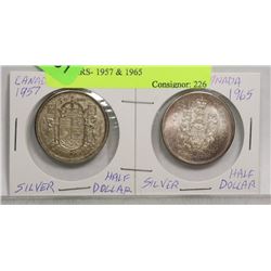 2 CANADIAN SILVER HALF DOLLARS- 1957 & 1965
