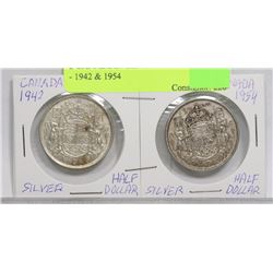 2 CANADIAN SILVER HALF DOLLARS - 1942 & 1954
