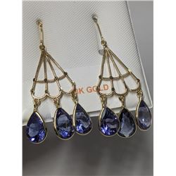 13) 18K YELLOW GOLD PAIR OF TANZANITE EARRING