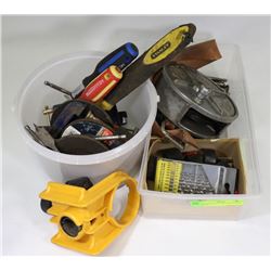BIN OF VARIOUS DRILL BITS WHEEL + MORE