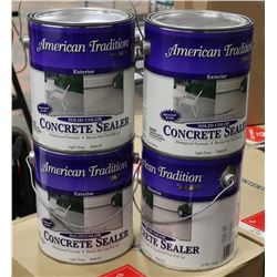 BOX OF FOUR 1 GAL CANS OF CONCRETE STAIN. GREY.