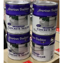 BOX OF FOUR 1 GAL CANS OF CONCRETE STAIN. GREY.
