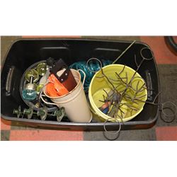 LARGE BLACK BIN OF GARDEN DECOR &