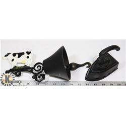 CAST IRON COW BELL & ANTIQUE REPLICA IRON