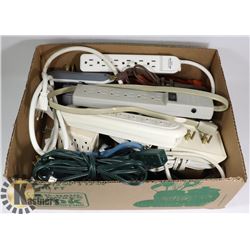 BOX OF POWER BARS AND ASSORTED EXTENSION CORD