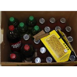 BOX OF ASSORTED BEVERAGES AND PHONE COVERS