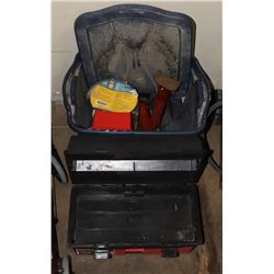 BIN OF TOOLS: INCLUDES TWO 50FT RUBBER AIR HOSES,