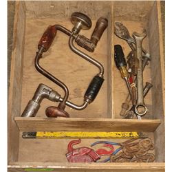 BOX W/ ANTIQUE TOOLS INCL.  HAND DRILLS, PIPE WREN