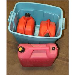 PLASTIC BIN W/ 3 JERRY CANS - 2 X 10 LITERS & 1 X