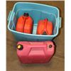 Image 1 : PLASTIC BIN W/ 3 JERRY CANS - 2 X 10 LITERS & 1 X