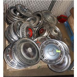 SKID OF 40 PLUS VINTAGE HUBCAPS SS MERCEDES