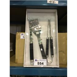 2 BOXES OF BBQ 3PC SETS INCLUDING ; SPATULA, FORK, & TONGS (5 SETS PER BOX)