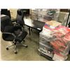 Image 1 : COMPUTER DESK, 3 OFFICE CHAIRS, METRO RACK AND CONTENTS OF MISC. STORAGE UNITS (MUST TAKE ALL)