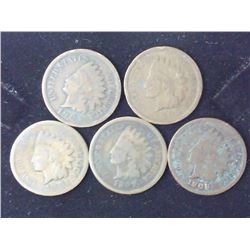 5 Assorted Indian Head Cents