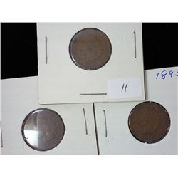 3 Assorted Indian Head Cents (1891, 1892, 1893)