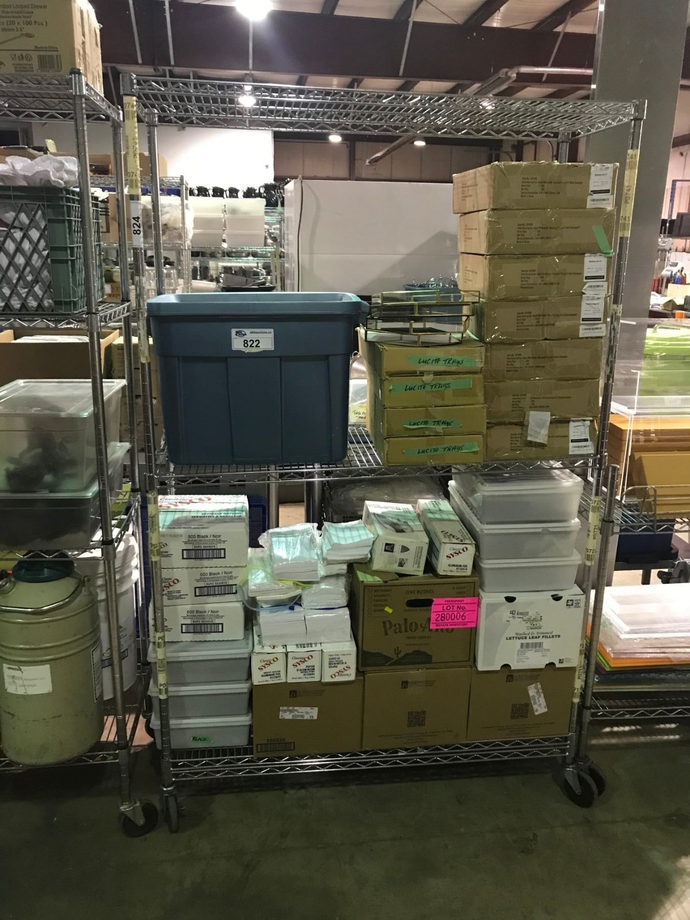CONTENTS OF RACK INCLUDING ; GLASS TRAYS & ASSORTED SYSCO PRODUCT (RACK