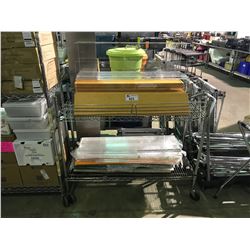 2 TIER MOBILE "METRO" RACKING SYSTEM WITH PLASTIC SHELVES, DISPLAYS, WOODEN PLANKS & STAINLESS