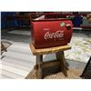 Image 1 : COCA COLA METAL LINED ICE BOX (APPROX 17.9 X 13") & WOODEN TEAK STOOL (REQUIRES MINOR REPAIR)