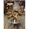 Image 1 : TEAK ROOT DINING TABLE (APPROX 32" H) WITH BEVELED GLASS TOP (APPROX 48" DIAMETER)