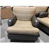 Image 1 : QUALITY EASY CHAIR - NEUTRAL TONE WITH GOLD FLECKED FABRIC - SPINNEYBECK LEATHER & MAPLE HARDWOOD