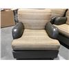 Image 1 : QUALITY EASY CHAIR - NEUTRAL TONE WITH GOLD FLECKED FABRIC - SPINNEYBECK LEATHER & MAPLE HARDWOOD